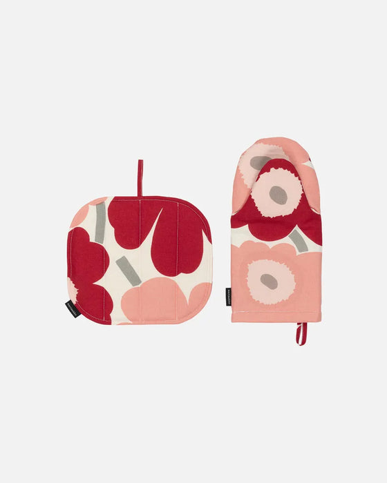 marimekko pieni unikko kitchen textile set (red + pink) oven mitten and pot holder